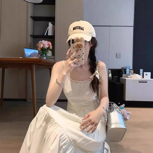 French Style Sweet Patchwork Suspender Dress Women Summer Beach Vacation Midi Length Square Neck Tight Waist Solid Color - Product Image 3