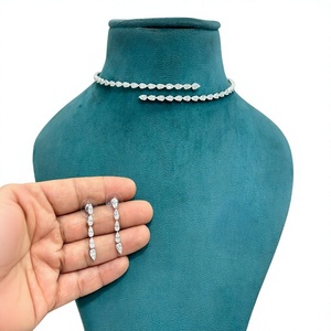 Ensemble de bijoux élégant en laiton plaqué argent avec zircon, ouverture frontale, avec boucles d'oreilles pour femmes, pour les fêtes et les mariages - Product Image 2