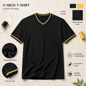 T-shirt homme col en V, bordure contrastée, manches courtes, décontracté, sport, noir, logo personnalisé imprimé - Product Image 3