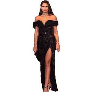 ED2230 Kimshein Women Luxury Thigh Split Maxi Black Sequin Dress Party Gowns Evening Dresses Women Lady Elegant