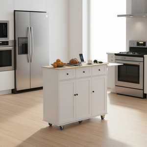 Isla de Cocina Blanca con Ruedas, Carro Rodante con Superficie de Madera, Estación de Carga, Diseño con Hoja Abatible, Estilo Moderno, 3 Cajones - Product Image 2