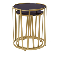 Ensemble de 2 table d'angle canapé et table basse, couvercle en verre, pour salon, corps en métal doré et noir