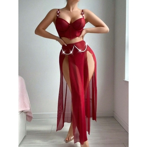 ชุดชั้นในเซ็กซี่แบบผูกคอ ผ้าตาข่ายซีทรู ประดับมุก กระโปรงผ่าข้าง ชุดเซ็ต 2 ชิ้น แฟชั่นสำหรับผู้หญิง - Product Image 5