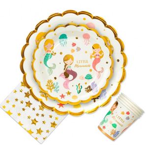 Feuille d'or sirènes vaisselle jetable enfants 1er joyeux <span class=keywords><strong>anniversaire</strong></span> fête gobelets en papier/<span class=keywords><strong>assiette</strong></span>/serviette bébé douche fête fournitures - Product Image 3