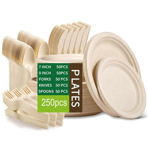Compostable Paper Plates Set 250Pcs Disposable Party Dinnerware Set Guests Biodegradable White Natural Paper Plate Forks Knives