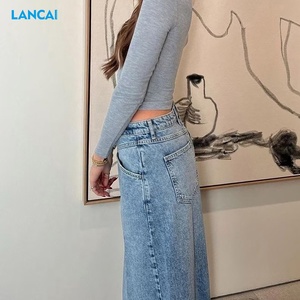 Jupe en <span class=keywords><strong>jean</strong></span> rétro de haute qualité, bouton irrégulier, taille haute, jupe fendue maxi, jupe en <span class=keywords><strong>jean</strong></span> bleue pour femmes - Product Image 3