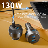 Pengisi Daya Mobil 3 in 1 Metal PD 130W PPS 100W QC 30W USB Tipe C dengan Lampu LED untuk Pengisian Cepat Laptop, Ponsel, dan Mobil untuk Iphone15 Android