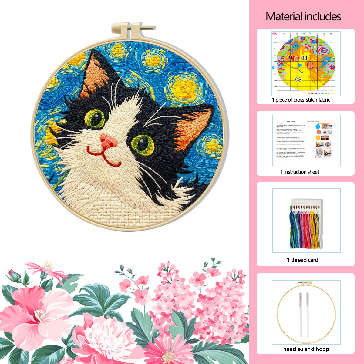 Sac en tissu brodé motif chat étoilé