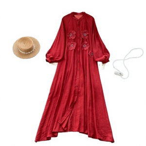 Vestido Maxi Rojo de Lino y Algodón con Apliques Florales, Manga Farol, Cuello Mandarín, Estilo Boho Holgado, Vestido Casual de Verano - Product Image 2
