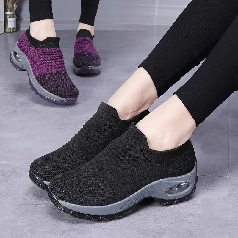 Große Größe Damenschuhe Luftkissen Fliegenknit Sneaker Aufziehbare Schuhe Freizeitschuhe Socken Schuhe Sneaker Damen