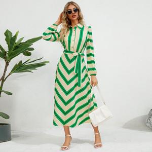 Abito <span class=keywords><strong>Camicia</strong></span> a Righe Colorate di Alta Qualità, Manica Lunga, <span class=keywords><strong>Colletto</strong></span> Rovesciato, Vestito Lungo Casual con Lacci - Product Image 5