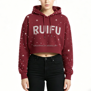 Unisex Custom Luxury Rhinestone 3d Embroidery Embossed Puff Hoodies <b>Print</b> Streetwear Cotton Cropped Boxy Fit Printing Hoodie - Product Image 2