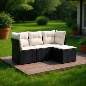 Ensemble de canapés de jardin noir et crème avec coussins, mobilier d'extérieur au design contemporain, résistant à l'eau et aux UV, en rotin PE - Product Image 2