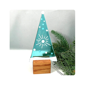 Pieza de exhibición de árbol de Navidad de vidrio fundido como regalos de vacaciones arte árbol de Navidad de vidrio de fusión de Color <span class=keywords><strong>blanco</strong></span> turquesa en bases de madera - Product Image 4