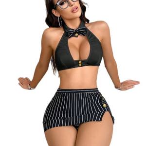 Conjunto de lencería sexy de dos piezas con falda y espalda descubierta, sin mangas, con diseño de rayas y aberturas, ideal para fiestas y discotecas, modelo 2026. - Product Image 6