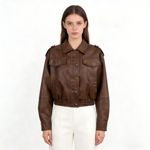 Jaqueta de Couro Feminina Retrô Marrom Personalizada com Design de Lapela, Corta-Vento Elegante e Casual, Jaqueta de Couro Clássica - Product Image 1