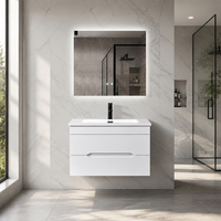Meuble-lavabo de salle de bain moderne blanc suspendu avec miroir LED rectangulaire, capteur tactile intelligent, vasque en résine polymarbre et poignée encastrée pour chambre à coucher
