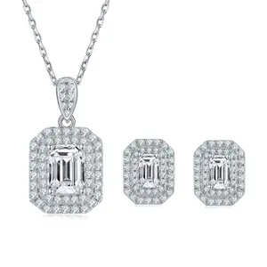 패션 쥬얼리 에메랄드 컷 S925 스털링 실버 Moissanite 펜던트 목걸이 스터드 귀걸이 약혼 웨딩 쥬얼리 세트