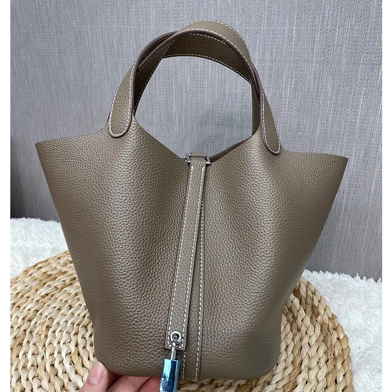 top layer 18cm khaki Genuine cowhide Leather basket handbag luxury designer real togo leather bucket bag purse for women