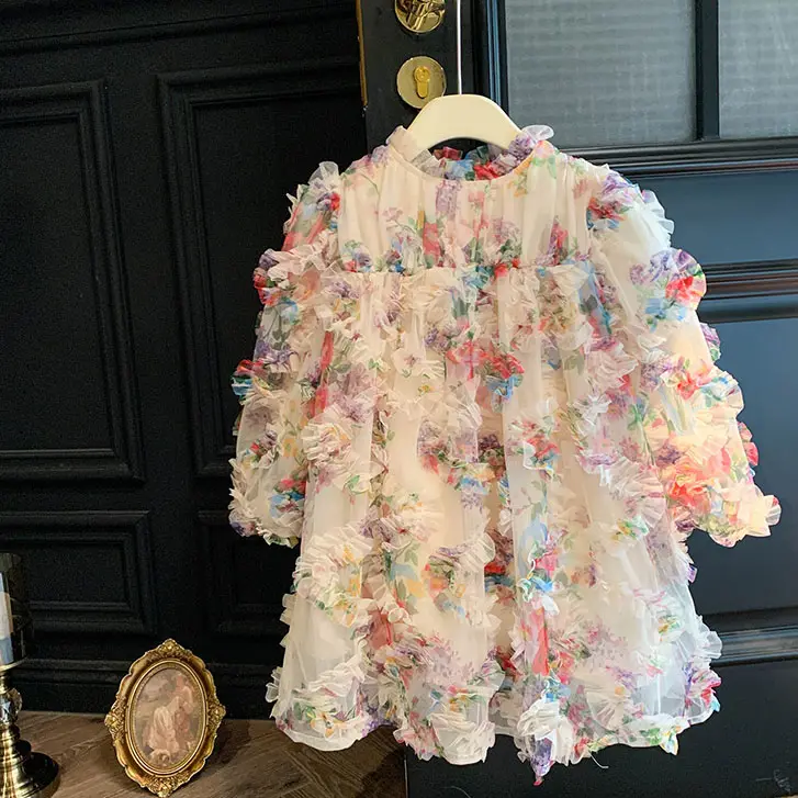 2024 High Quality Girl Clothes New Spring Autumn Chiffon Floral Kid Children Girl Princess Dresses 2-10Year