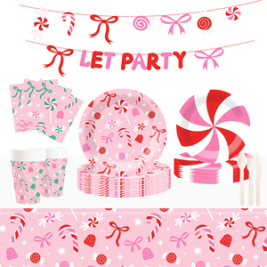 DAMAI - Juego de Decoración para Fiesta Temática de Dulces Rosas, Venta al por Mayor, Platos de Papel con Lazo, Mantel, Juego de Vajilla Desechable para Fiesta - Product Image 1