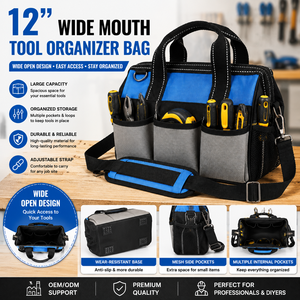 12 Inch Wide Mouth <b>Tool</b> Bag with Shoulder Strap Heavy Duty <b>Tool</b> Organizer Tote Bag for <b>Electrician</b> Contractor Storage OEM ODM - Product Image 1