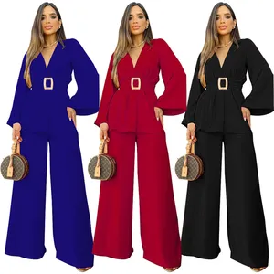 fall autumn 2023 cheap ladies elegant office wear 2 piece flare pants set suit clothing for ladies office suits with trouser