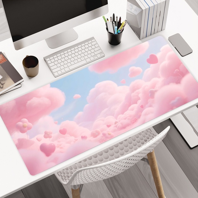 Custom Logo XXL Cute Anime Pink Cloud Water Resistant Gaming Mouse Pad Multi-Fabric Rubber Base Stitching Edge Female Girl