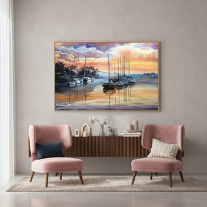 Obra de arte impresa en lienzo: Paisaje marino abstracto con veleros al atardecer, LIENZO ENROLLADO - Product Image 3