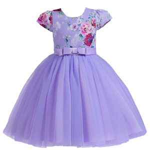 Robe de princesse pour filles, jupe en Tulle à imprimé floral, col rond, robe de demoiselle d'honneur avec manches flottantes, rose, bleu, violet - Product Image 5