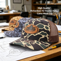 Gorra Trucker Richardson 112 de 6 Paneles con Logotipo Personalizado Bordado para Hombre, con Parche de Cuero de Camuflaje y Parte Trasera de Malla para Actividades al Aire Libre