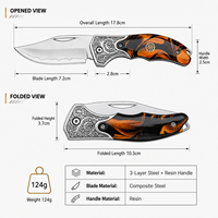 Couteau de poche pliant en acier premium à 3 couches avec manche en résine et poinçon en relief, couteau utilitaire portable de survie et de chasse
