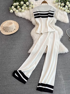 Ensemble <span class=keywords><strong>Chic</strong></span> 2 Pièces en Maille pour Femme : <span class=keywords><strong>Haut</strong></span> Rayé Sans Manches & Pantalon Droit – Collection Été 2026 – Tenue Décontractée Respirante et Tendance - Product Image 5
