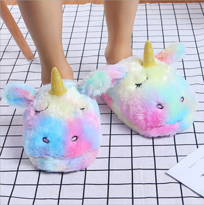 Pantoufles en coton Licorne Arc-en-ciel, articles en peluche pour la maison, pantoufles Licorne avec sac, pantoufles d'hiver - Product Image 2