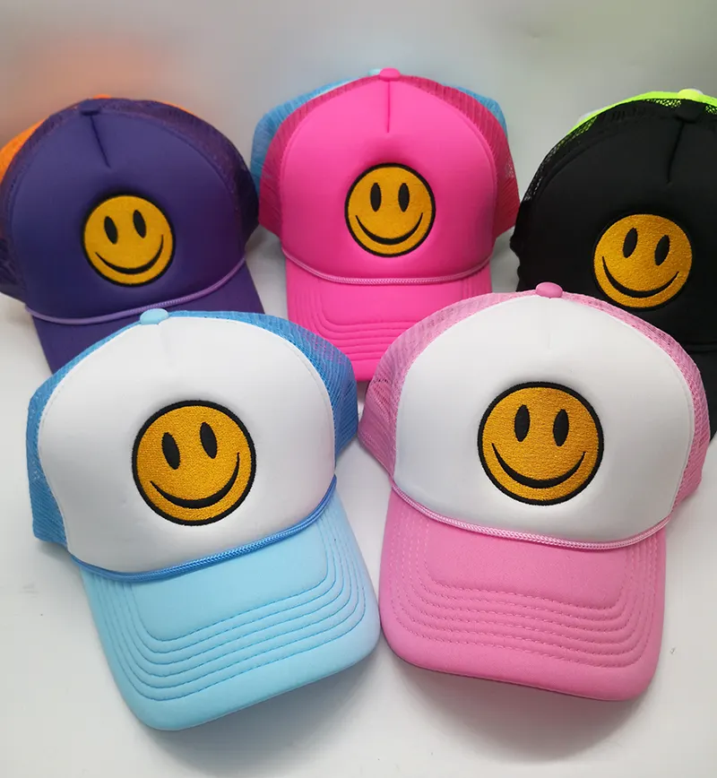 Free Sample Wholesale trucker hat Embroidery Patch Hat Custom Logo Mesh Two Tone 5 Panel Smile Face Baseball Trucker Cap