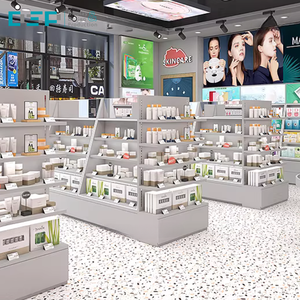 Expositor de cosméticos de madera con iluminación, moderno, con revestimiento de pintura en aerosol de alto brillo, fabricado en Vietnam por DSP, mostrador tipo isla para productos de cuidado de la piel. - Product Image 6