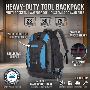 Heavy Duty Tool <b>Backpack</b> Multi-Pocket Organizer for Electrician Technician Construction with Hard Base 1680D Polyester - Product Image 1