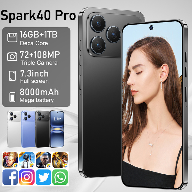 Hot Sale Spark 40 Pro+ Android Smartphone >7" 5G 4K OLED 144Hz Deca Core 24+512GB 8000mAh Battery 108MP CDMA English OEM Brand