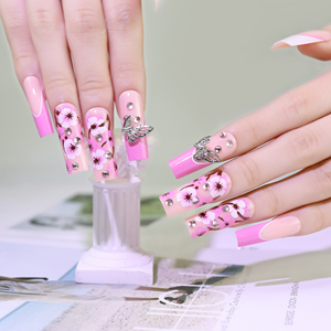 AIERFEI Vente en gros de faux ongles longs carrés roses de haute qualité, style français, <span class=keywords><strong>avec</strong></span> <span class=keywords><strong>strass</strong></span> de luxe, faux ongles floraux, ongles artificiels - Product Image 5