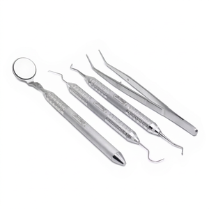 Kit d'instruments chirurgicaux dentaires BK Industries : Miroir, sonde, pinces, poignée ergonomique moletée, argenté, manuel, Classe I, certifié CE - Product Image 1