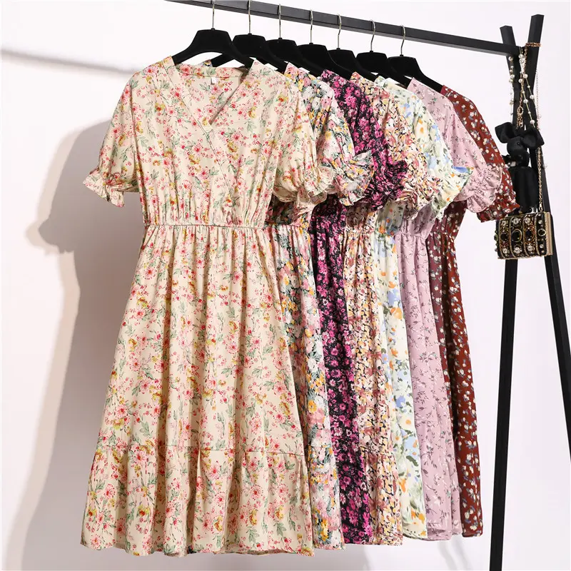 Summer Pastoral Style Short Sleeve Dresses V Neck Chiffon Floral Printed Elastic Waist Women Clothing Casual Dress