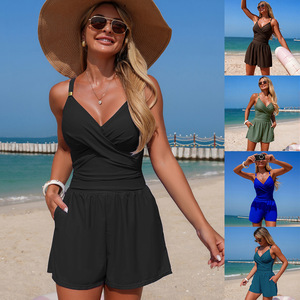 Traje de baño de una pieza para mujer, diseño con cuello en V, de secado rápido, con bolsillos, ropa de playa para nadar, deportes acuáticos - Product Image 1