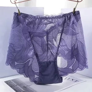 Bragas De Encaje Large Size Cotton Breathable Sexy Lace Floral Mesh Boyshort Women's Underwear Panties