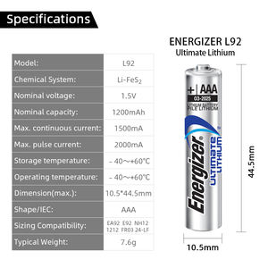 Véritable Energizer L92 Batterie <span class=keywords><strong>AAA</strong></span> 1.5V 1500mA/2000mA 1250mAh LiFeS2 Batterie Lithium Primaire Cylindrique - Product Image 3