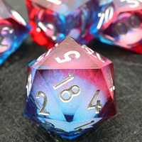 Jeu de dés polyédriques en résine fait main de 7 pièces, finition design à paillettes liquides bleues et rouges avec police argentée, pour jeu de société DND Edge-Liquid 5