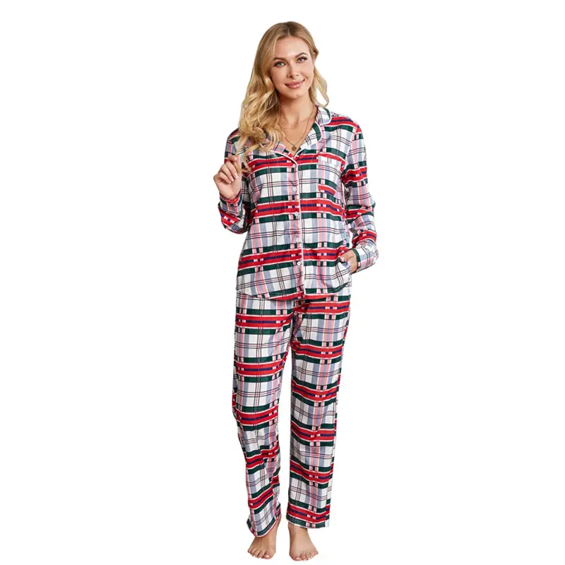 Günlük giysi kadınlar için noel tarzı pijama yeni trend ekose ev iki parçalı set