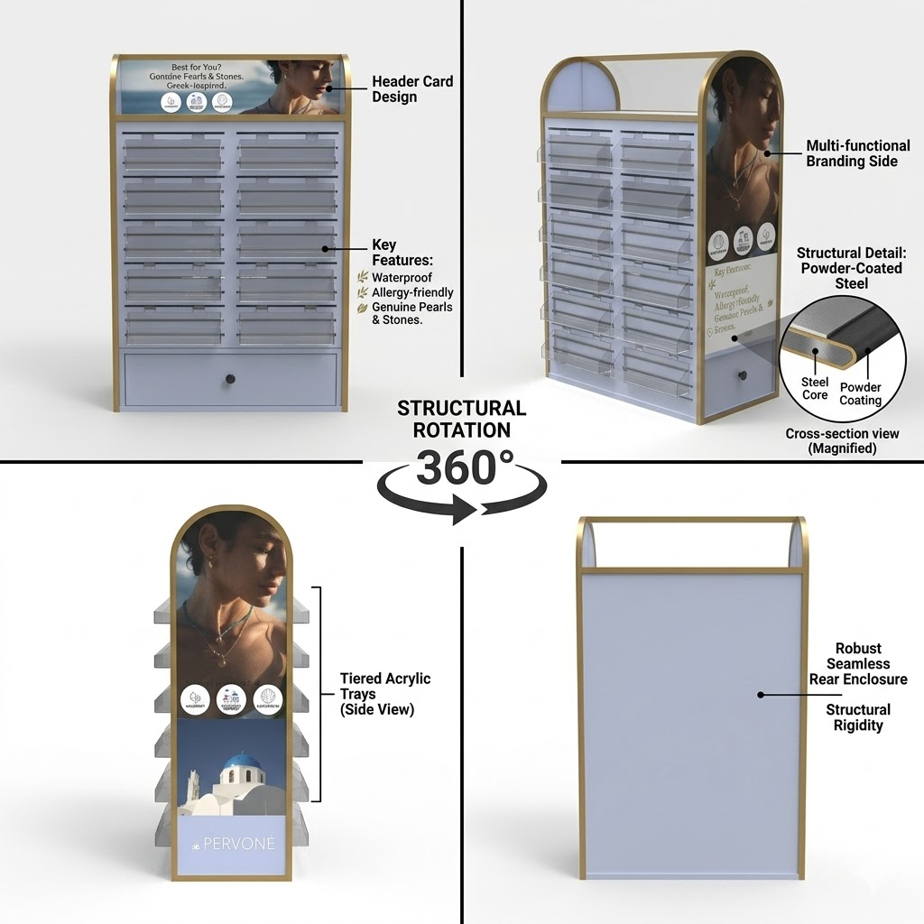 Custom Floor Standing Metal Jewelry Display Stand Rack with Acrylic Bins and Brand Graphics for Retail Store — view 3