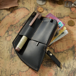 For Customized Men Genuine Leather Vintage Short Wallet with Zipper Closure Knife <b>Flashlight</b> Pouch and Cotton Lining - Product Image 2