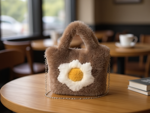Borsa a mano in peluche da donna con decorazione floreale, chiusura a patta, in finta pelliccia marrone, stile cut-out - Product Image 2