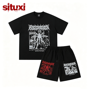 Set T-shirt e Pantaloncini da Uomo Oversize in Cotone Pesante Lavato 100% Lavorato a Maglia Nero con Stampa DTG e Strass, Stile Streetwear - Product Image 4